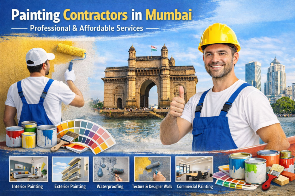 Professional painting contractors in Mumbai showing painters at work with roller and paint cans, Mumbai skyline with Gateway of India in background, interior and exterior painting, waterproofing and commercial painting services banner.
