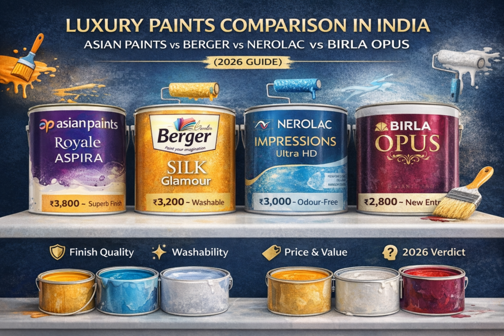Comparison of luxury paint brands in India including Asian Paints, Berger, Nerolac, and Birla Opus for modern homes
