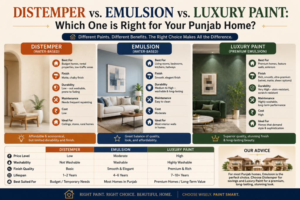 Distemper vs. Emulsion vs. Luxury Paint Which One is Right for Your Punjab Home
